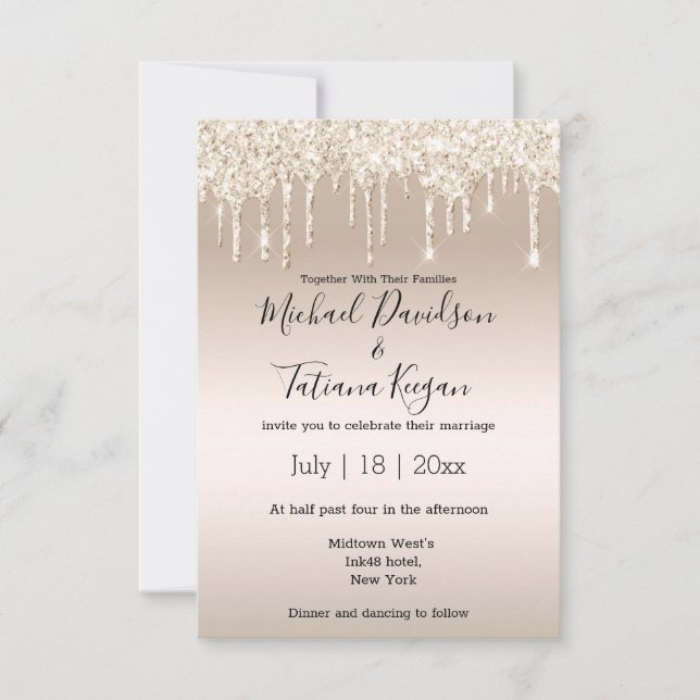 Invitación elegante boda de purpurinas de champán con goteo (Anverso)