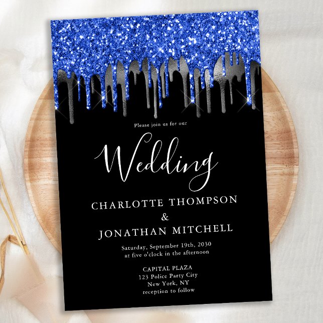 Invitación Elegante Boda de Purpurinas de plata azul negro (Subido por el creador)
