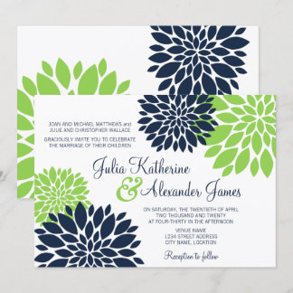 Invitación Elegante Boda de ráfaga floral verde y azul de la 