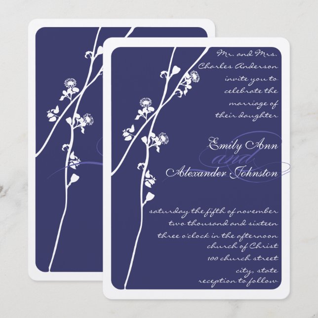 Invitación Elegante Boda de rama floral azul de la Marina (Anverso / Reverso)
