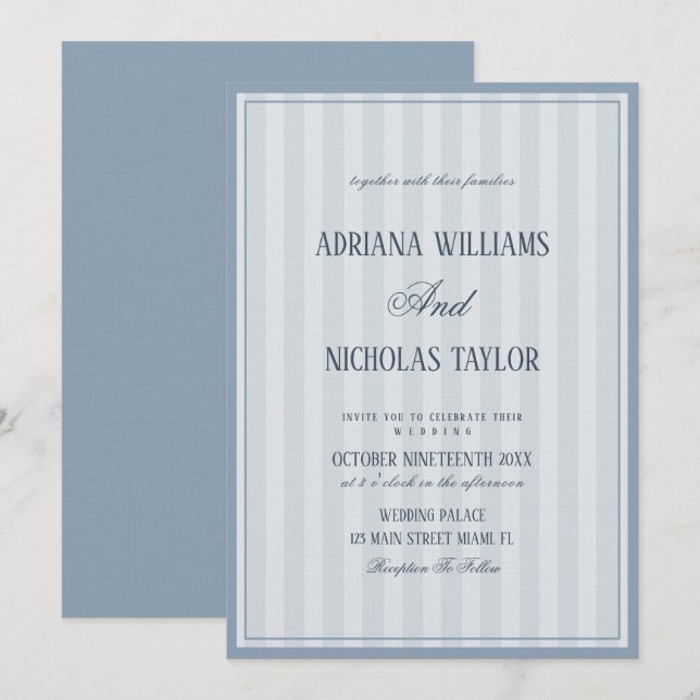 Invitación Elegante Boda de Rayas Azules Polvorientas (Anverso / Reverso)