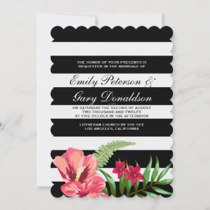 Invitación Elegante Boda de Rayas Blancas y Negras y Hibisco