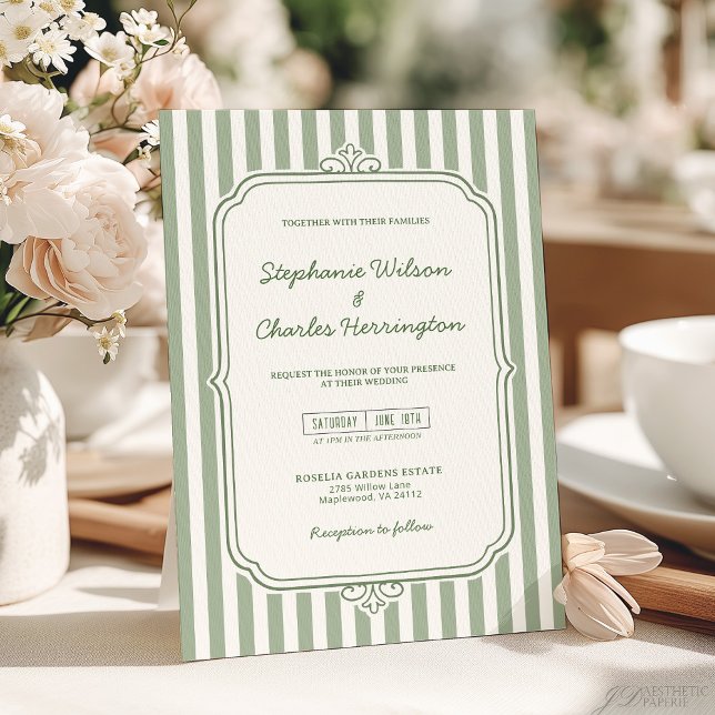 Invitación Elegante Boda de rayas clásicas de sabio y beige (Subido por el creador)