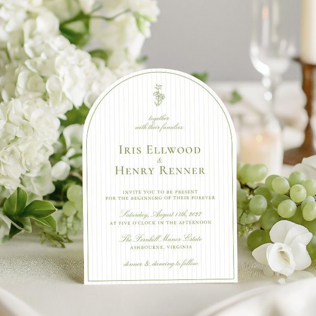 Invitación Elegante Boda de rayas verde y beige arcaico (Elegant Arch Sage Green & Beige Stripe Wedding Invitation)