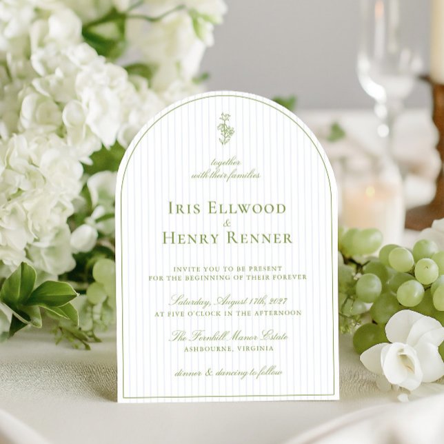 Invitación Elegante Boda de rayas verdes y azules de arca (Elegant Arch Sage Green & Blue Stripe Wedding Invitation)