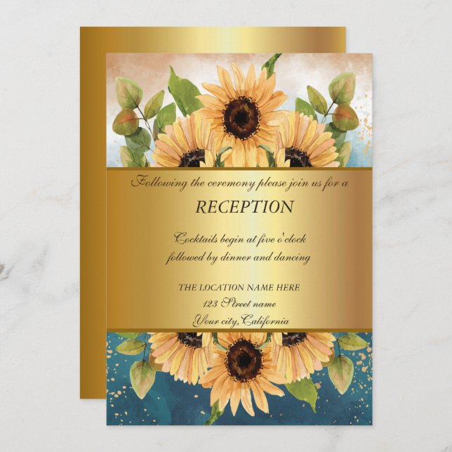 Invitación Elegante Boda de Recepción de Girasoles y Oro Chic (Anverso / Reverso)