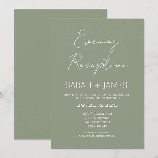 Invitación Elegante Boda de recepción Sage Green Evening (Anverso / Reverso)