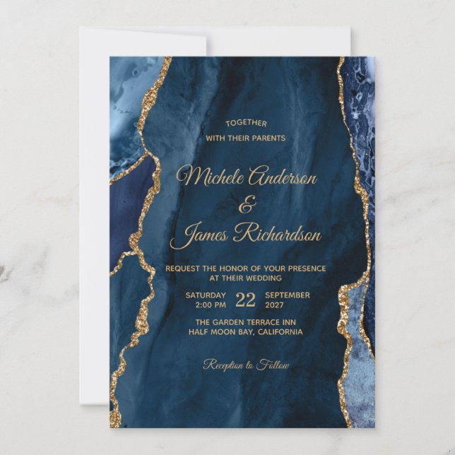 Invitación Elegante Boda de Relieve metalizado dorado azul de (Anverso)