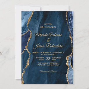 Invitación Elegante Boda de Relieve metalizado dorado azul de
