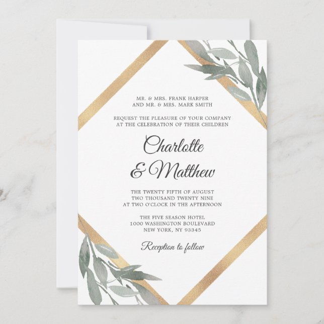 Invitación Elegante Boda de Relieve metalizado dorado de hoja (Anverso)