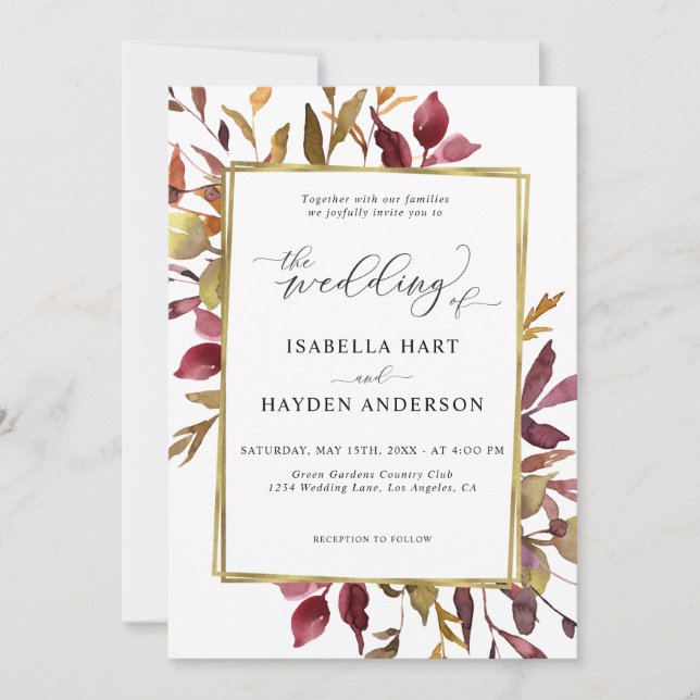 Invitación Elegante Boda de Relieve metalizado dorado de hoja (Anverso)
