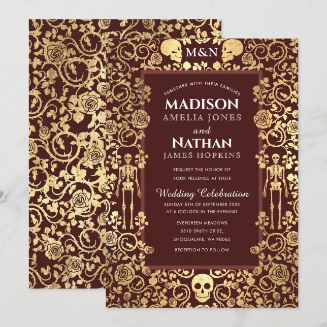 Invitación Elegante Boda de Relieve metalizado dorado gótico  (Anverso / Reverso)
