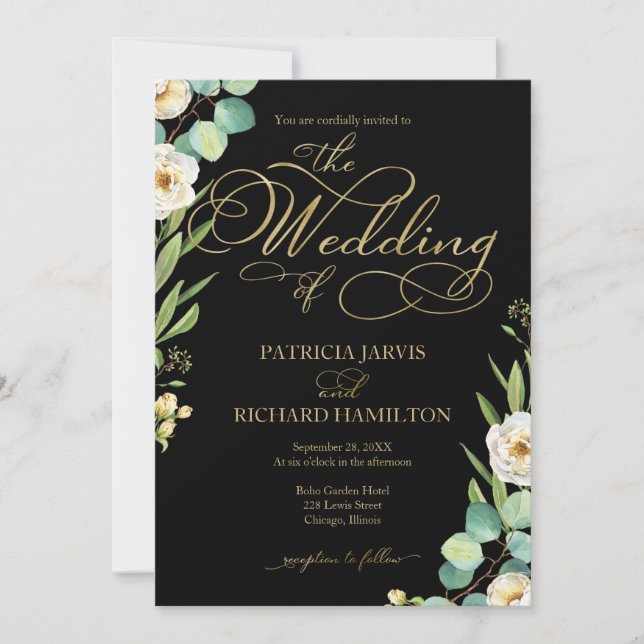 Invitación Elegante Boda de Relieve metalizado dorado Negro S (Anverso)