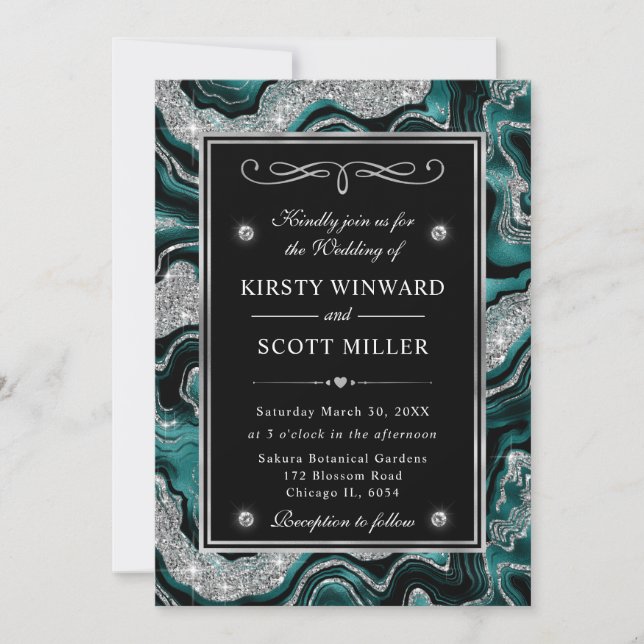 Invitación Elegante Boda de Relieve metalizado Verde azulado  (Anverso)