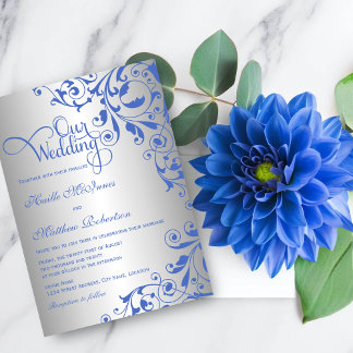 Invitación Elegante Boda de Remolinos de Azul Real y Plata