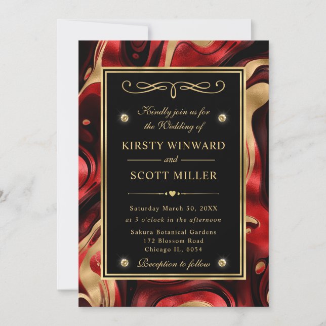 Invitación Elegante Boda de Rojo Fundido y Papel de Oro (Anverso)