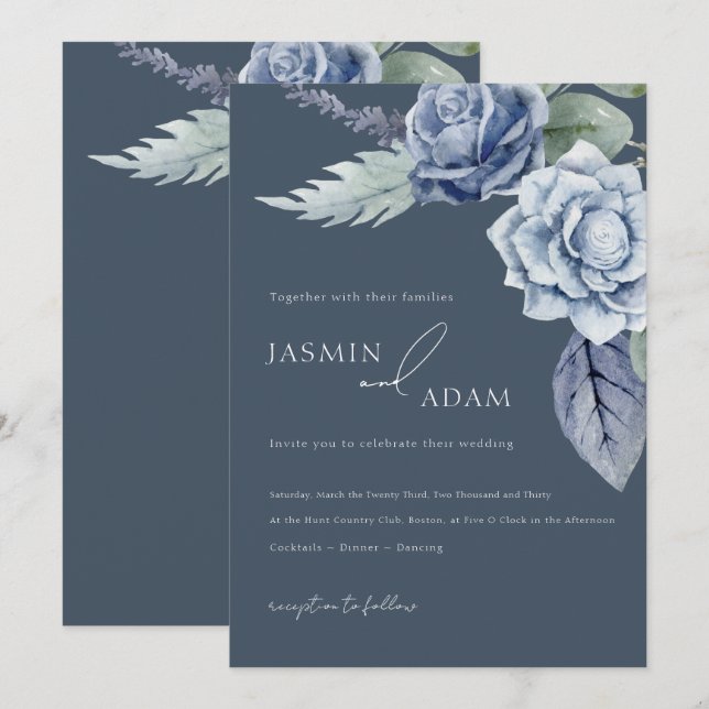 Invitación Elegante Boda de Rosa Azul Pizarra (Anverso / Reverso)