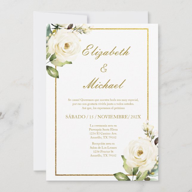 Invitación Elegante boda de rosa blanca en español (Anverso)
