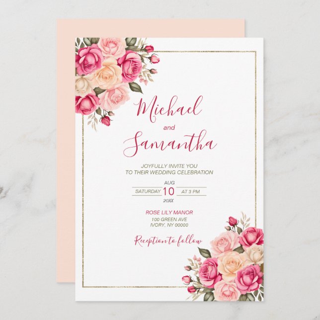Invitación Elegante Boda de Rosa de marfil y rosa de Fucia (Anverso / Reverso)