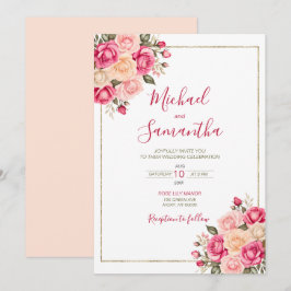 Invitación Elegante Boda de Rosa de marfil y rosa de Fucia