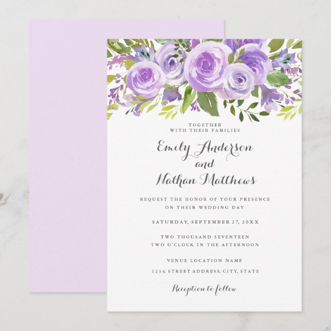 Invitación Elegante Boda de Rosa floral de Lavanda Púrpura (Anverso / Reverso)
