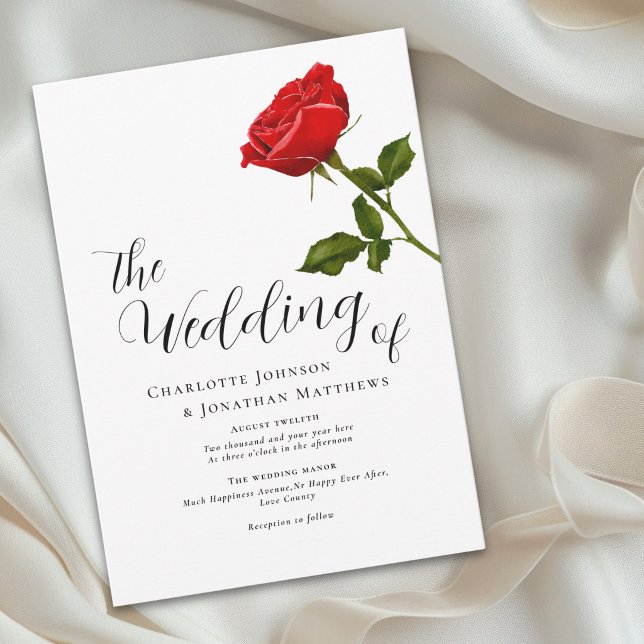 Invitación Elegante Boda de Rosa Roja Simple (Elegant simple watercolor single red rose wedding invitation stylish script classic romantic)