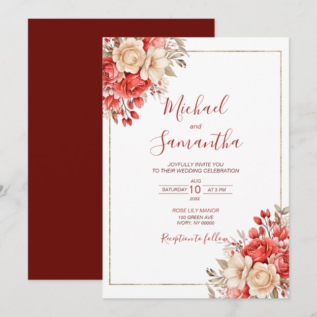 Invitación Elegante Boda de Rosa rojo e marfil (Anverso / Reverso)