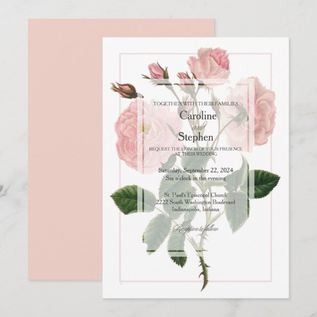 Invitación Elegante Boda de rosa rosa suave y botánico (Anverso / Reverso)
