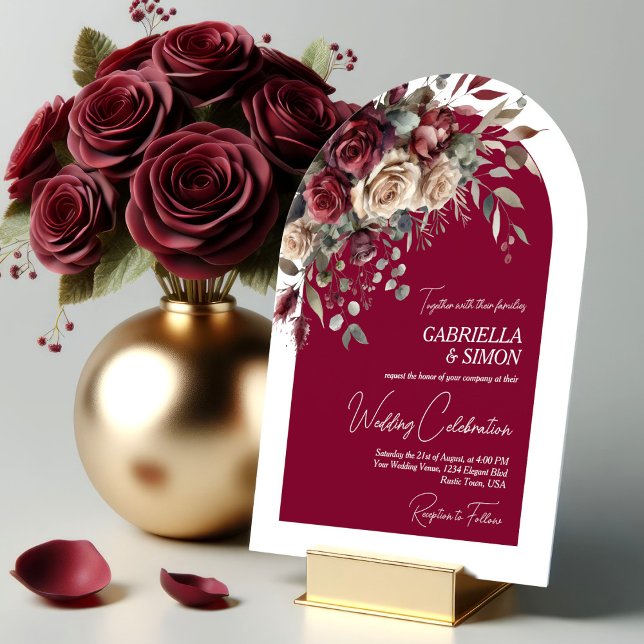 Invitación Elegante Boda de Rosas Arco Borgoña y Crema (Subido por el creador)