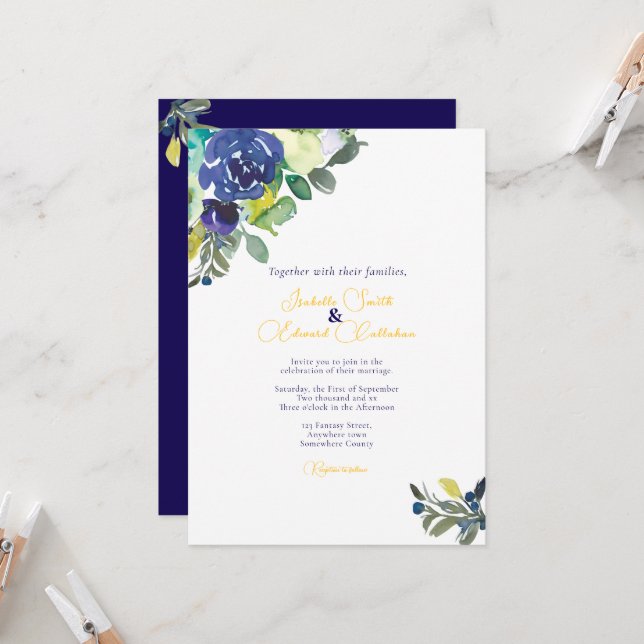 Invitación Elegante Boda de Rosas azul índigo (Anverso/Reverso In Situ)
