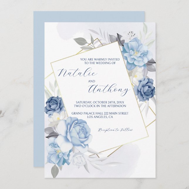 Invitación Elegante Boda de Rosas azules (Anverso / Reverso)