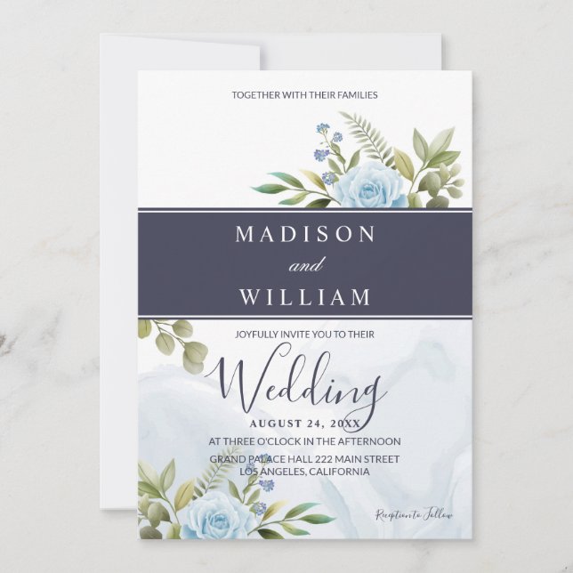 Invitación Elegante Boda de Rosas azules (Anverso)