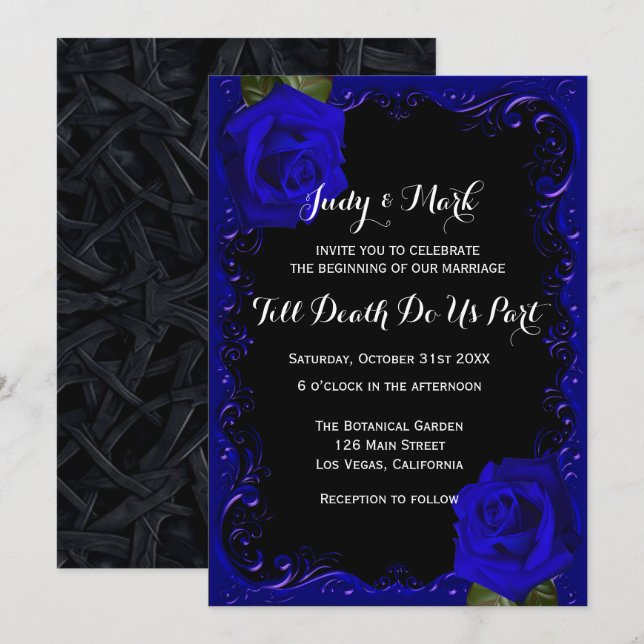 Invitación Elegante Boda de Rosas azules de Gótico (Anverso / Reverso)
