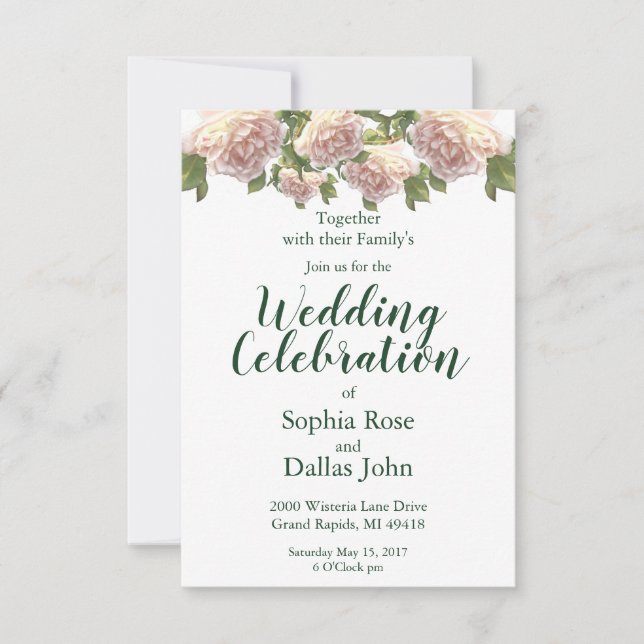 Invitación Elegante Boda de rosas blancas de color rosa (Anverso)