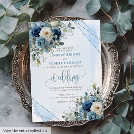 Invitación Elegante Boda de rosas blancas de plata azul de la