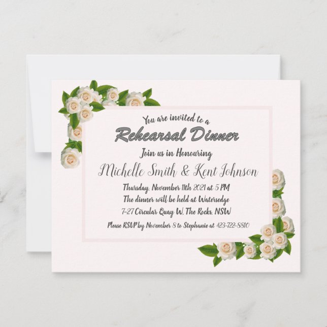 Invitación Elegante Boda de rosas blancas para la cena (Anverso)