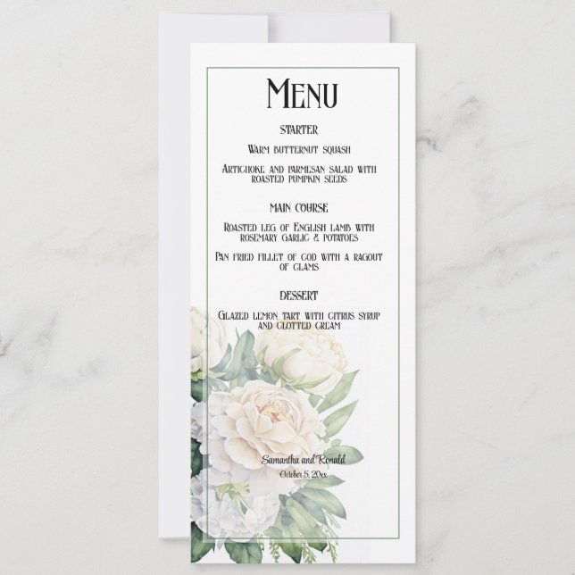 Invitación Elegante Boda de rosas blancas y peones (Anverso)