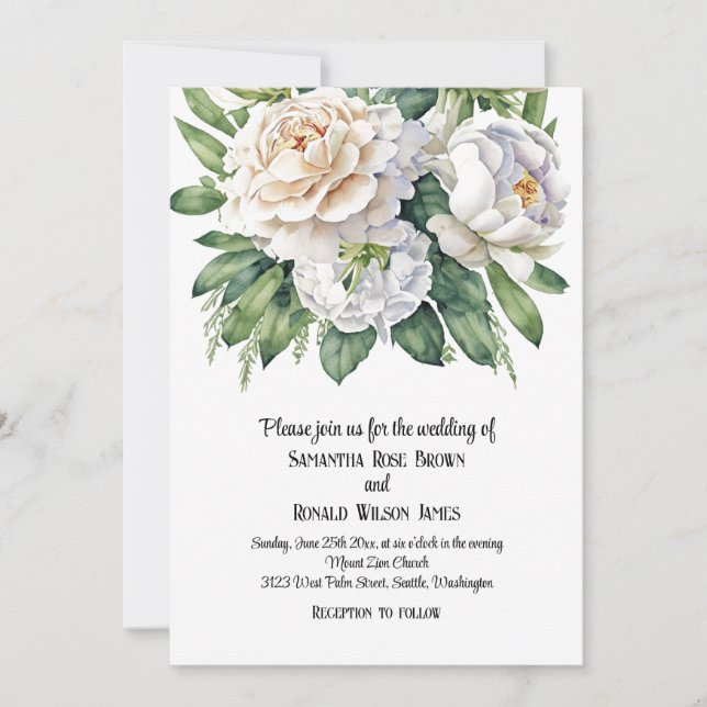 Invitación Elegante Boda de rosas blancas y peones (Anverso)