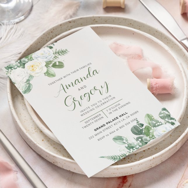 Invitación Elegante Boda de rosas blancas y vegetación (Subido por el creador)