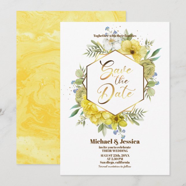 Invitación Elegante Boda de Rosas de acuarela amarilla floral (Anverso / Reverso)