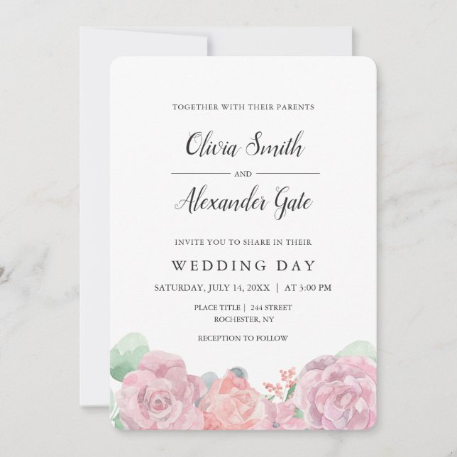 Invitación Elegante boda de rosas de acuarela rosa (Anverso)