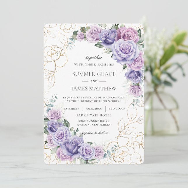 Invitación Elegante Boda de Rosas de Lavanda Lilac Púrpura (Anverso de pie)