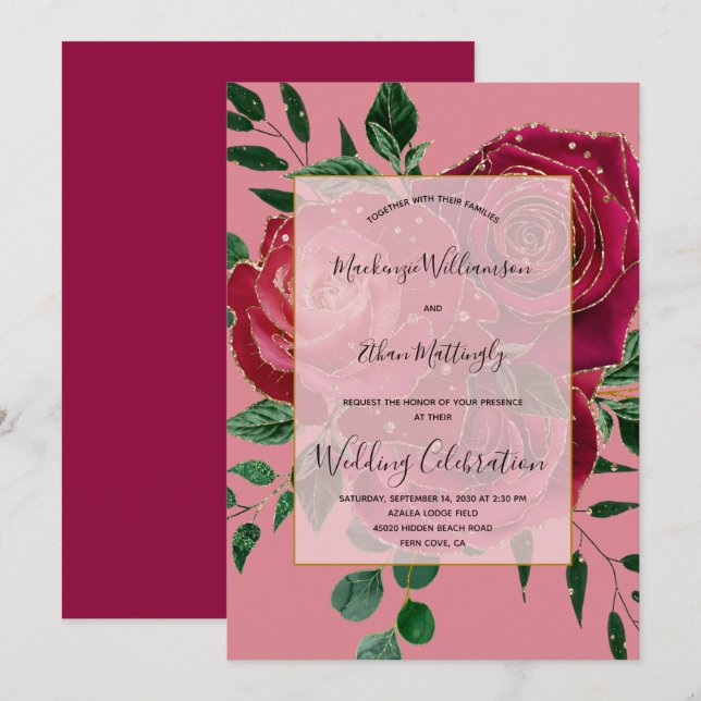 Invitación Elegante Boda de Rosas de oro rosa rojo Glam Vinta (Anverso / Reverso)