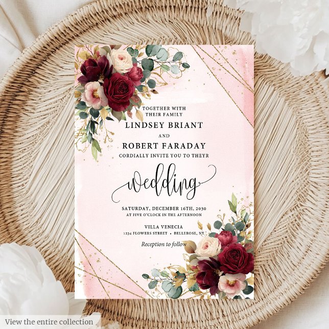Invitación Elegante Boda de Rosas de Rubor Boho Burgundy Gold (Elegant Boho Burgundy Gold Blush Roses Wedding Invitation)