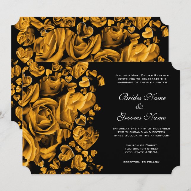 Invitación Elegante Boda de Rosas del corazón del oro (Anverso / Reverso)