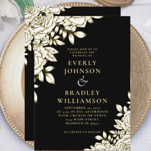 Invitación Elegante Boda de Rosas Floral Black White Gold