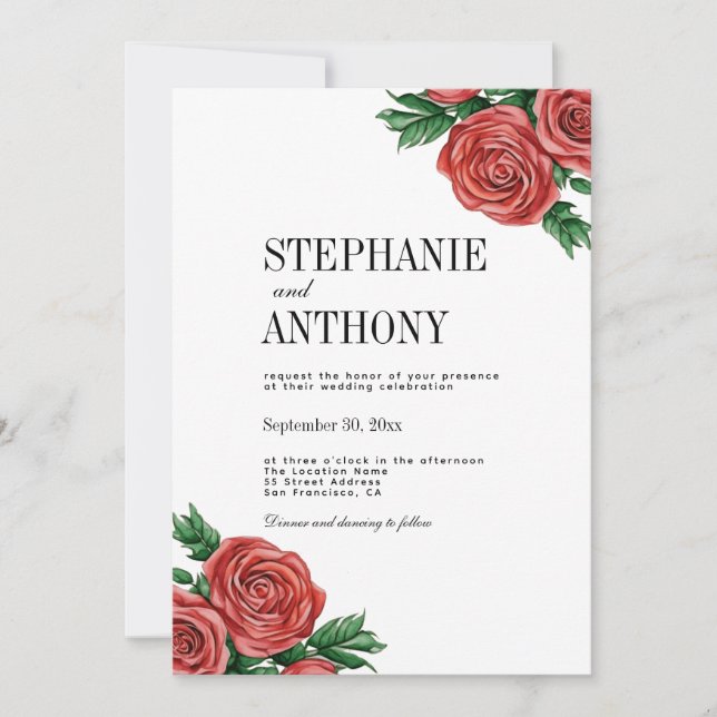 Invitación Elegante Boda de Rosas florales rojas y saladas (Anverso)