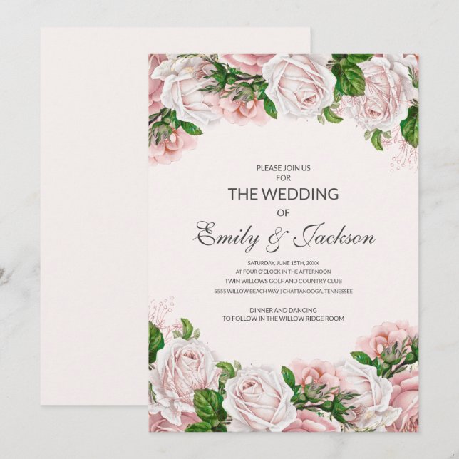 Invitación Elegante Boda de Rosas florales rosas de Rubor (Anverso / Reverso)