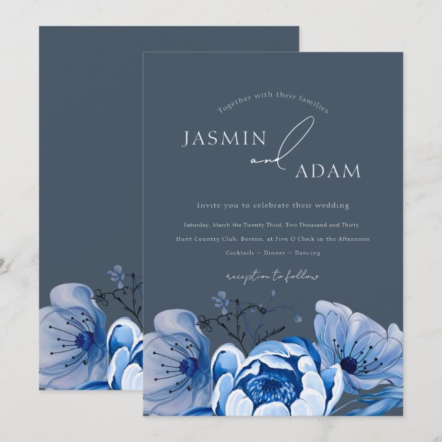 Invitación Elegante Boda de Rosas florales Royal Blue Opulenc (Anverso / Reverso)
