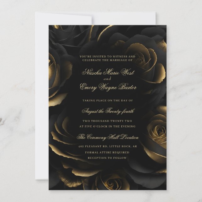 Invitación Elegante Boda de Rosas Góticos Negros y Oro (Anverso)